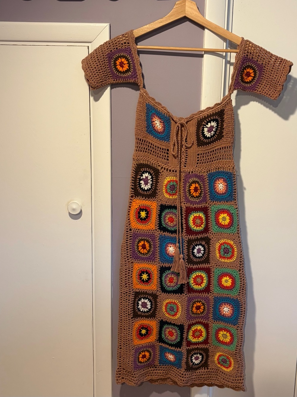 Free People Brown Crochet Midi Dress with Multicolor Square Motifs